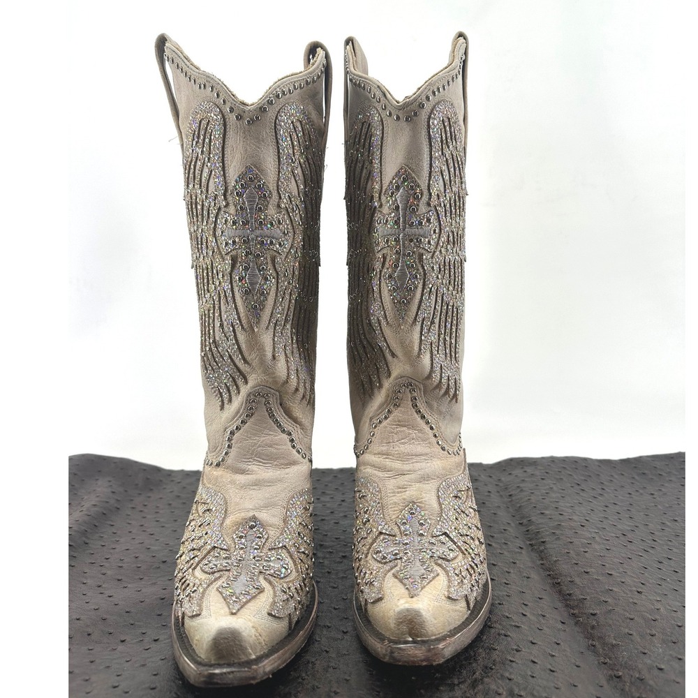 Corral Womens Bone Leather Wing and Cross Crystal Studded Boots A3571 Size 7 M - Picture 3 of 11